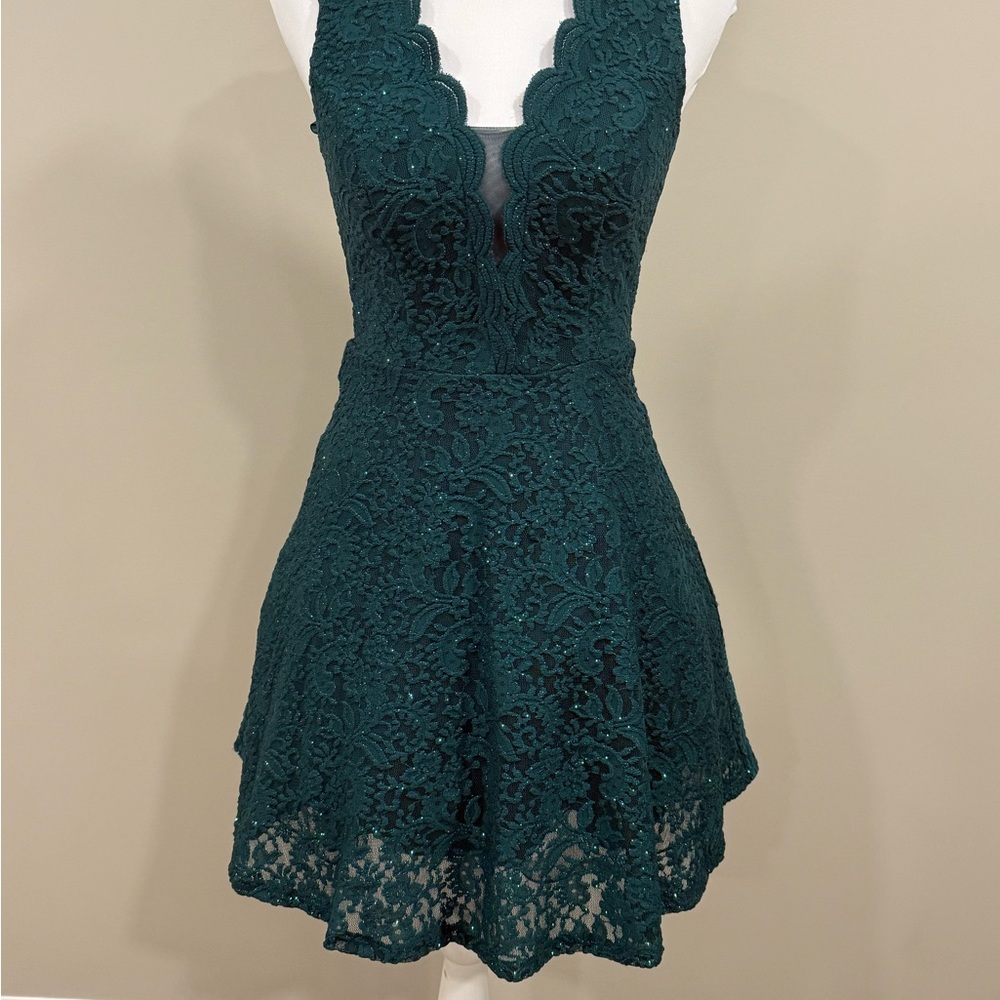 Green Fit and Flare Mini Dress with Plunge Neckline Perfect for Homecoming